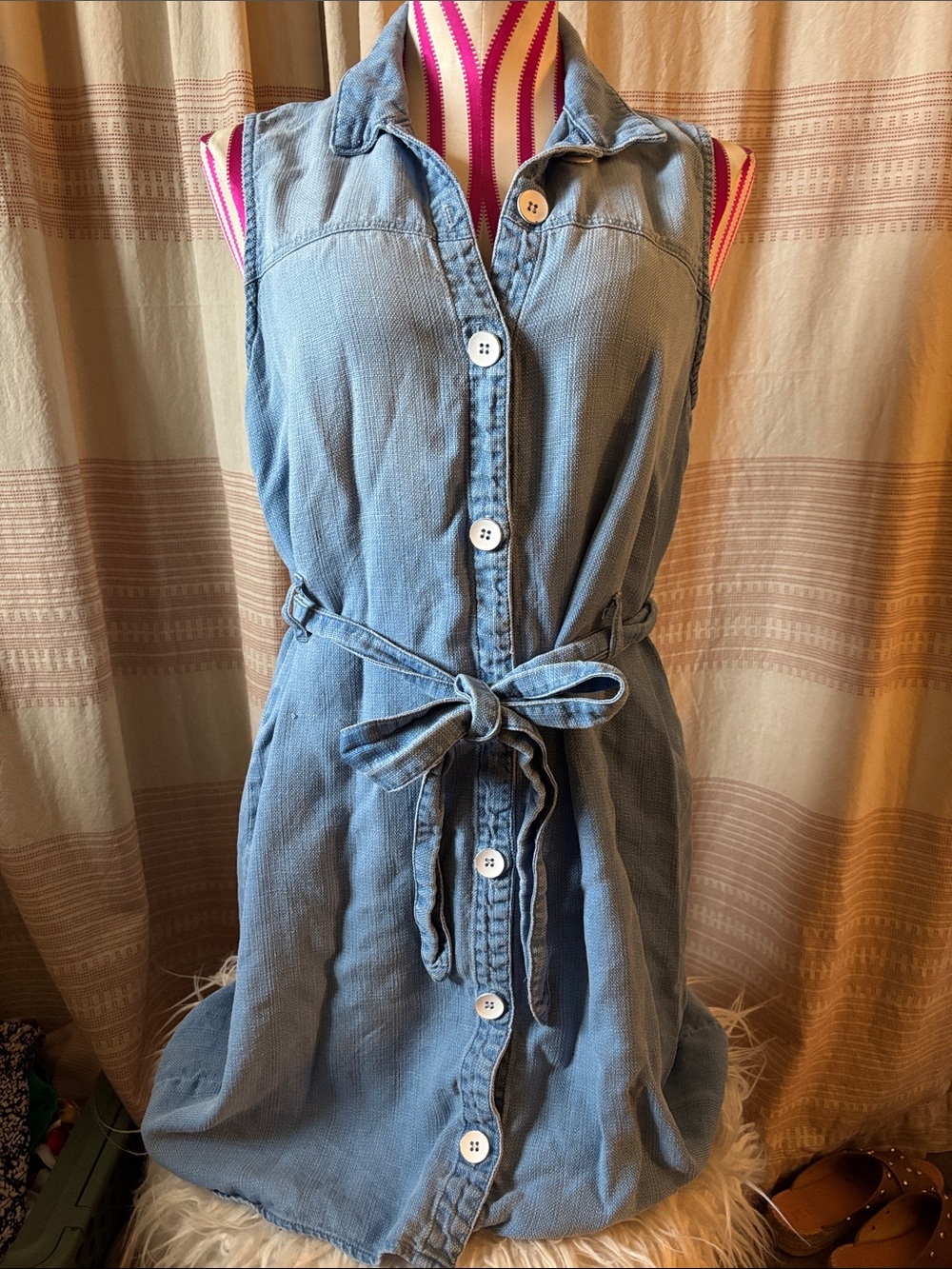 cloth & Stone by Anthropologie Light Blue Button-Front Tie-Waist Mini Dress